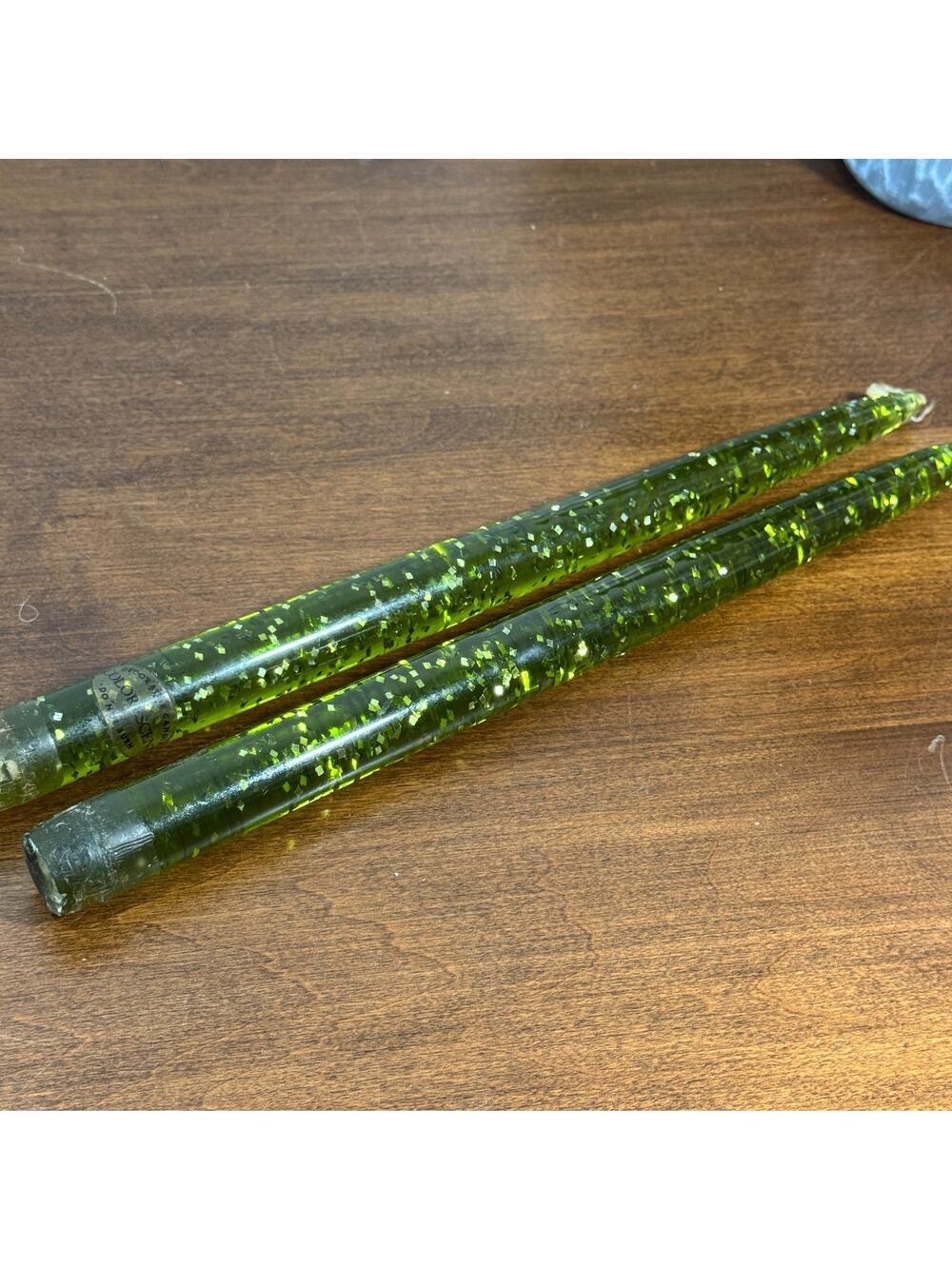 Vintage MCM Green Lucite Tapers Candles Green Gold Flakes 12" Set of 2
